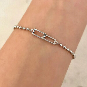 925 Sterling Silver Dainty Link Bracelet Rectangle Link Bead Bracelet
